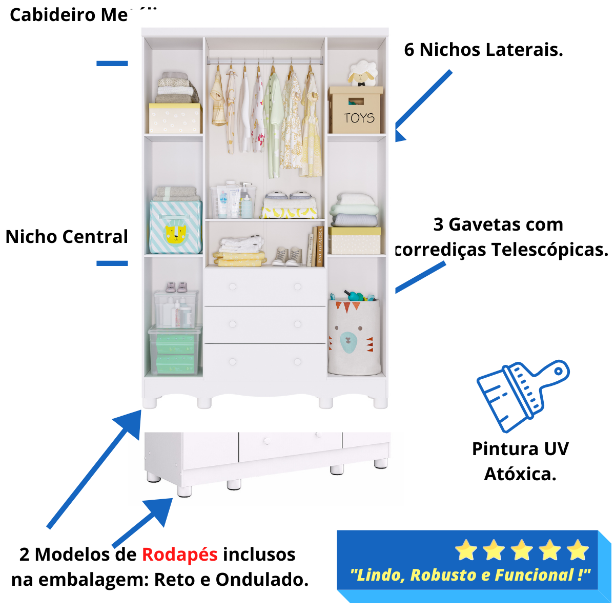 Quarto de Bebê Completo Guarda Roupa Uli 4 Portas 3 Gavetas Berço Mini Cama Cloe 2 em 1 Cômoda - Bra - 4