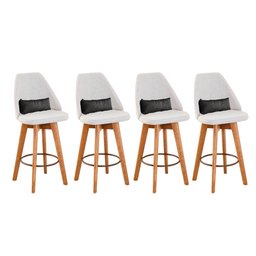 Kit 04 Banquetas Alta Maya Giratória Com Encosto Gourmet Linho Bege e Almofada Suede Cinza - Gat - 1