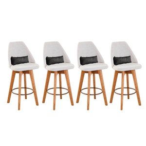 Kit 04 Banquetas Alta Maya Giratória Com Encosto Gourmet Linho Bege e Almofada Suede Cinza - Gat