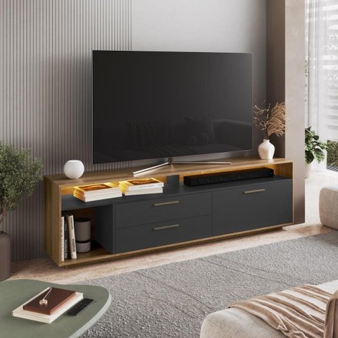 Rack Sala com Led 200cm 2 Gavetas Porta Basculante e Nichos Cor:mel com Grafite