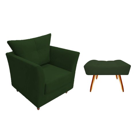 Kit Poltrona Decorativa Isis + Puff Retangular Suede Verde Pés Madeira Mz Decor