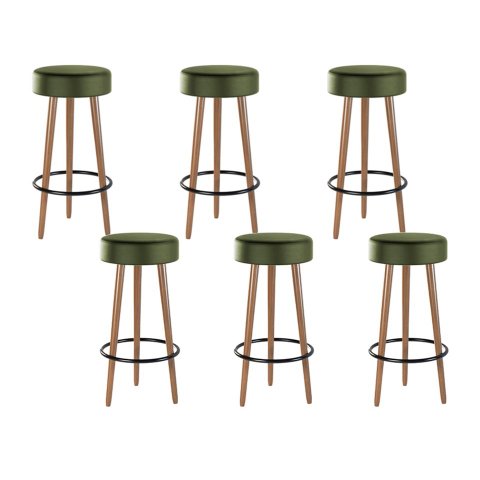Kit 6 Banquetas Banco Alto Londres Couro Verde Bar Cozinha Pés Madeira Mz Decor
