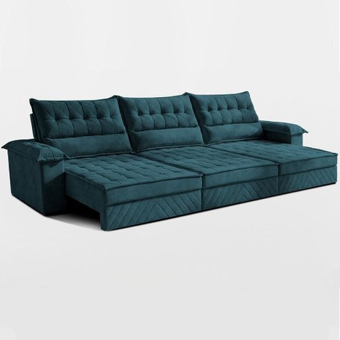 Sofá Retrátil e Reclinável 3,90m com Molas e Espuma D33 Thunder Velusoft Petróleo Cama Inbox