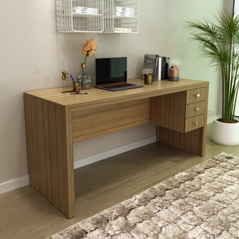 Mesa para Escritório 155cm com 3 Gavetas Reversível Amêndoa