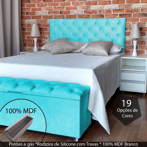 Kit Cabeceira e Recamier Luna Capitonê Baú Casal Suede Liso Azul Turquesa Rbl