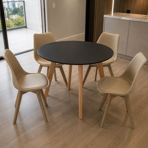 Conjunto Leda Mesa Tampo Preto 90cm & 4 Cadeiras Pés de Madeira Bege Almofada