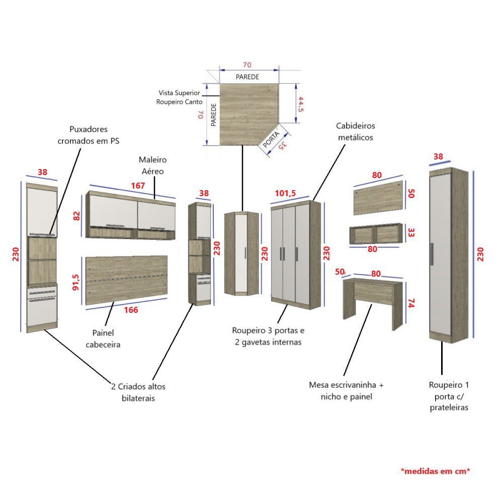 Guarda Roupa Dormitório Modulado Master Casal Queen 1,58 m Canto c/ Mesa Escrivaninha e Nicho - Luci - 3