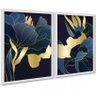 Kit 2 Quadros Florais Azul Dourado Linhas 45x34cm - com Vidro:moldura Branca - 1