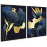 Kit 2 Quadros Florais Azul Dourado Linhas 45x34cm - com Vidro:moldura Branca - 2