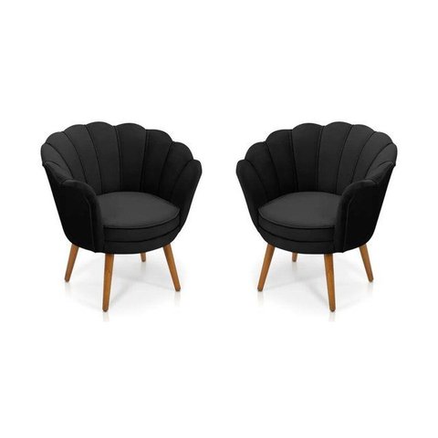 Kit 2 Poltronas Pétala Sued Preto Pés Palito - Kimi Design