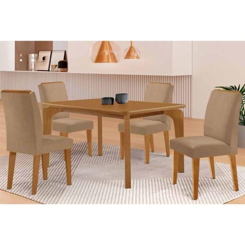 Conjunto Sala de Jantar Londrina C/ Tampo Madeirado Canto Curvo 120x90cm e 4 Cadeiras Dakota Madeira