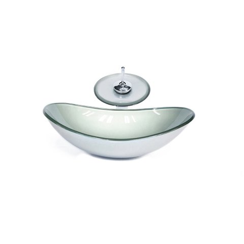 CUBA DE VIDRO OVAL 55CM PRATA + VALVULA + TORNEIRA CASCATA