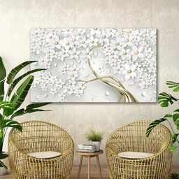 Quadro Decorativo Luxo para Sala Hall Floral Cerejeira Branco e Dourado em Canvas - 3
