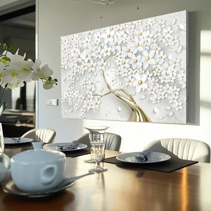 Quadro Decorativo Luxo para Sala Hall Floral Cerejeira Branco e Dourado em Canvas