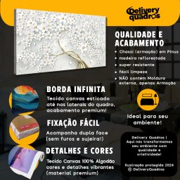 Quadro Decorativo Luxo para Sala Hall Floral Cerejeira Branco e Dourado em Canvas - 5