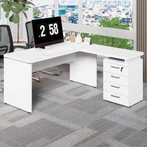 Mesa em L Escritório 1,50m Gaveteiro 4 Gavetas Pé Painel F5 Cor:branco