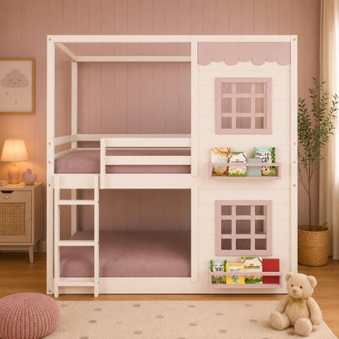 Beliche Montessoriano Infantil Casinha Reta com 02 Janelas Madeira Maciça Branco/Rosa Megamobilia
