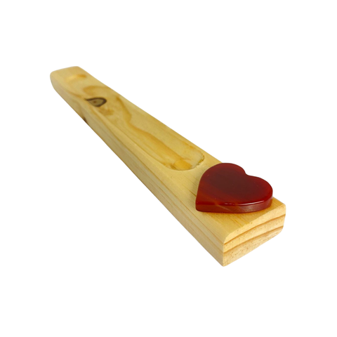 Suporte para Incenso de Mesa em Madeira com Coração de Pedra Natural Ágata Marrom