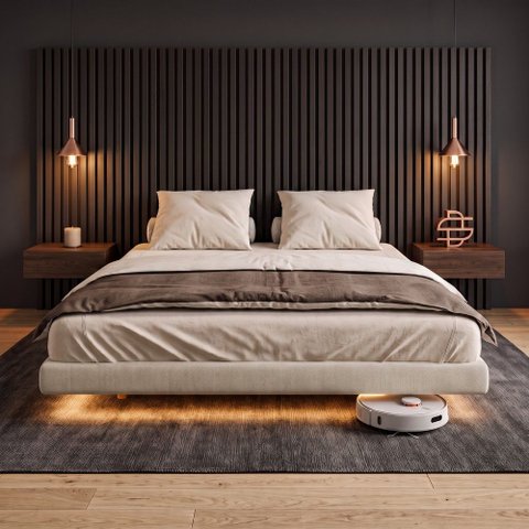 Cama Box Queen Osaka Flutuante Estilo Japonesa 158x198 Base Estofada Linho Bege - Desk Design