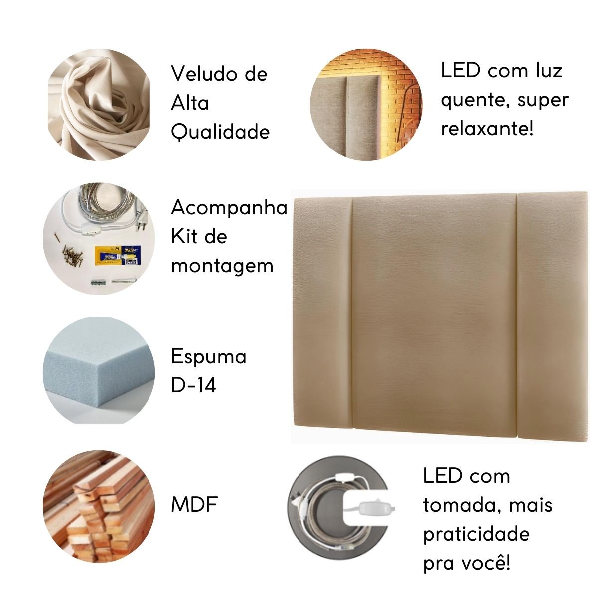 Cabeceira Estofada Cama Casal Queen Size Led Moderna 160 Cm:veludo Bege - 4