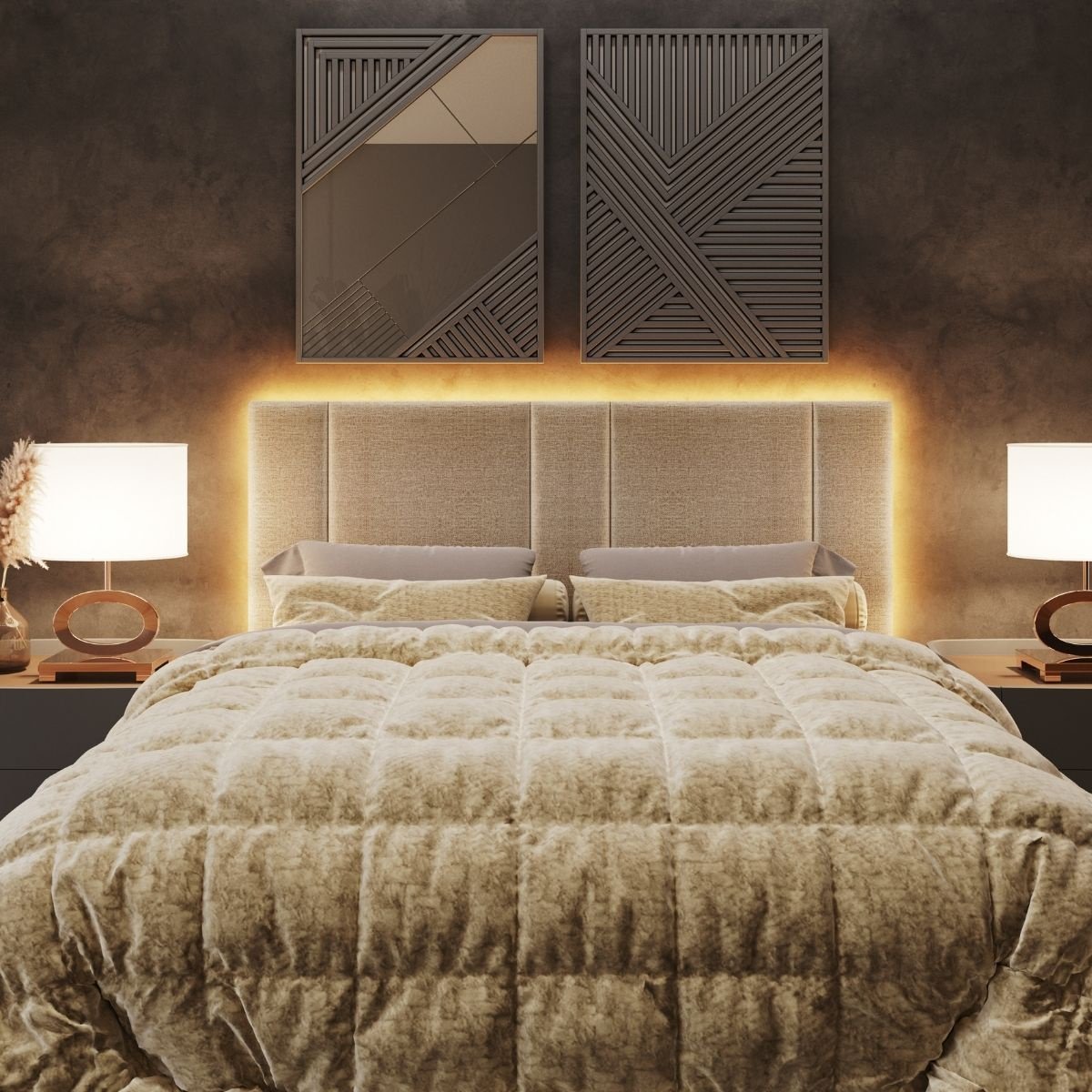 Cabeceira Estofada Cama Casal Queen Size Led Moderna 160 Cm:veludo Bege - 9