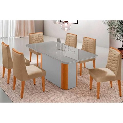 Conjunto: Mesa Sala Jantar Pietá C/ Tampo Madeirado C/ Vidro Canto Curvo 180x90cm e 6 Cadeiras