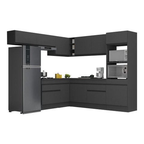 Armário de Cozinha Completa de Canto com Rodapé Veneza Multimóveis V2105 Preto