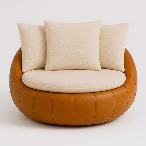 Poltrona Giratória 127cm Golden Courino Caramelo / Bouclé Off White - Sallar Home