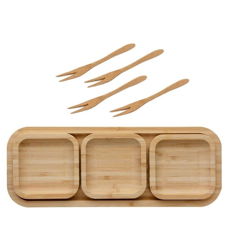 Petisqueira De Bambu Com 4 Peças - 31Cm Com 4 Garfinhos