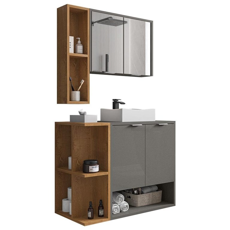 Conjunto de Banheiro com Gabinete 2 Portas, Cuba e 1 Espelheira Ibiza