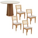Ver imagem 2 de Mesa de Jantar Base Ripada 105cm com 4 Cadeiras 100% Mdf Cor:off White com Freijó e Linho Bege