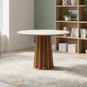 Ver mais imagens de Mesa de Jantar Base Ripada 105cm com 4 Cadeiras 100% Mdf Cor:off White com Freijó e Linho Bege