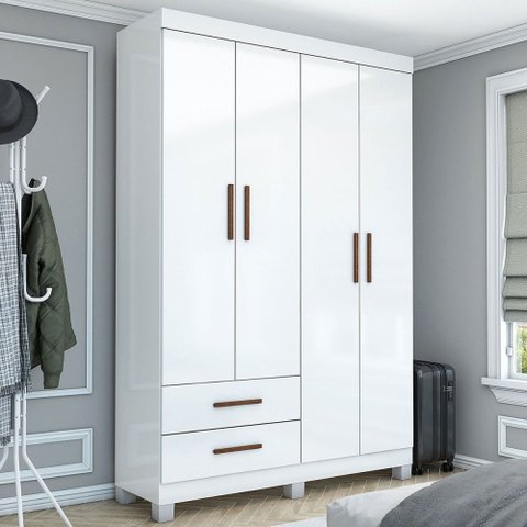 Guarda-roupa Solteiro Solo 4 Portas 2 Gavetas com Pés Branco - Pnr Móveis