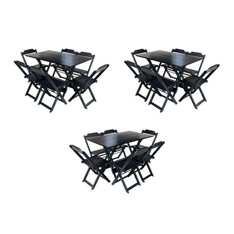 Kit 3 Conjuntos De Mesa Dobravel Com 6 Cadeiras De Madeira 120X70 Para Restaurante E Bar - Preto