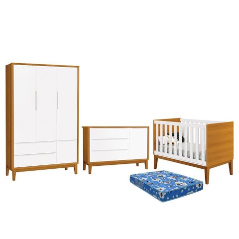 Dormitório Infantil Classic 3 Portas, Cômoda 1 Porta, Berço Branco/Savana com Pés Amadeirado e