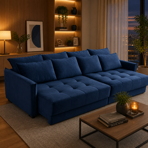 Sofá Cama Retrátil 2,10m com Molas Cora Veludo Azul