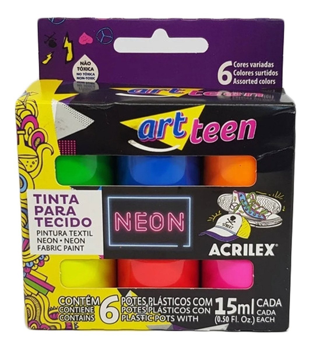 Tinta para Tecido Neon - 6 Potes de 15ml Acrilex - 040060000 - 3