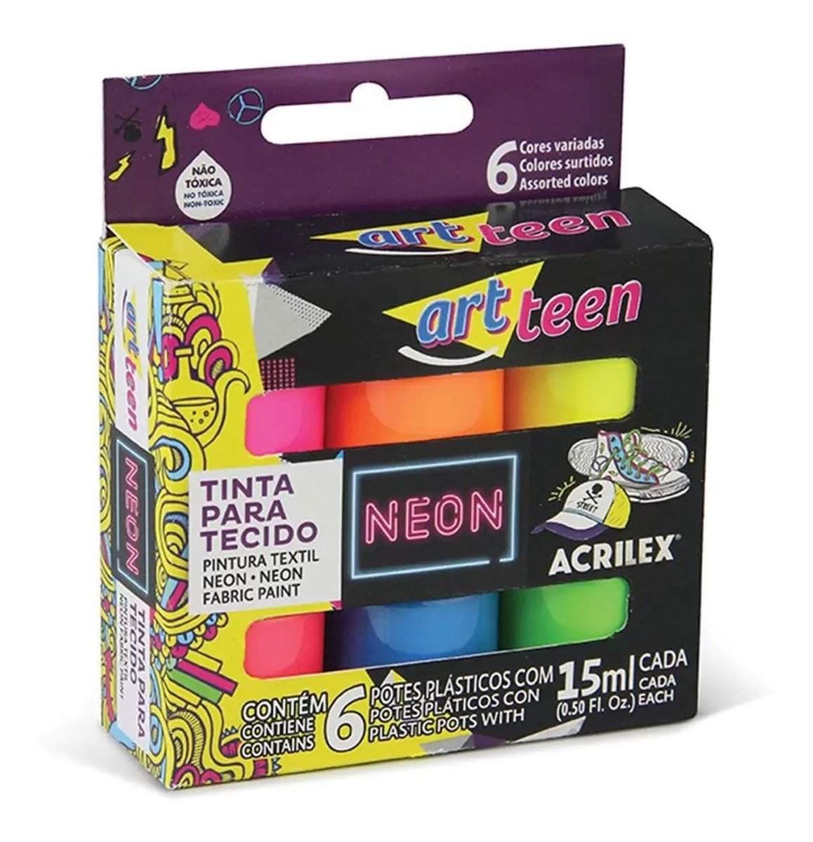 Tinta para Tecido Neon - 6 Potes de 15ml Acrilex - 040060000 - 2