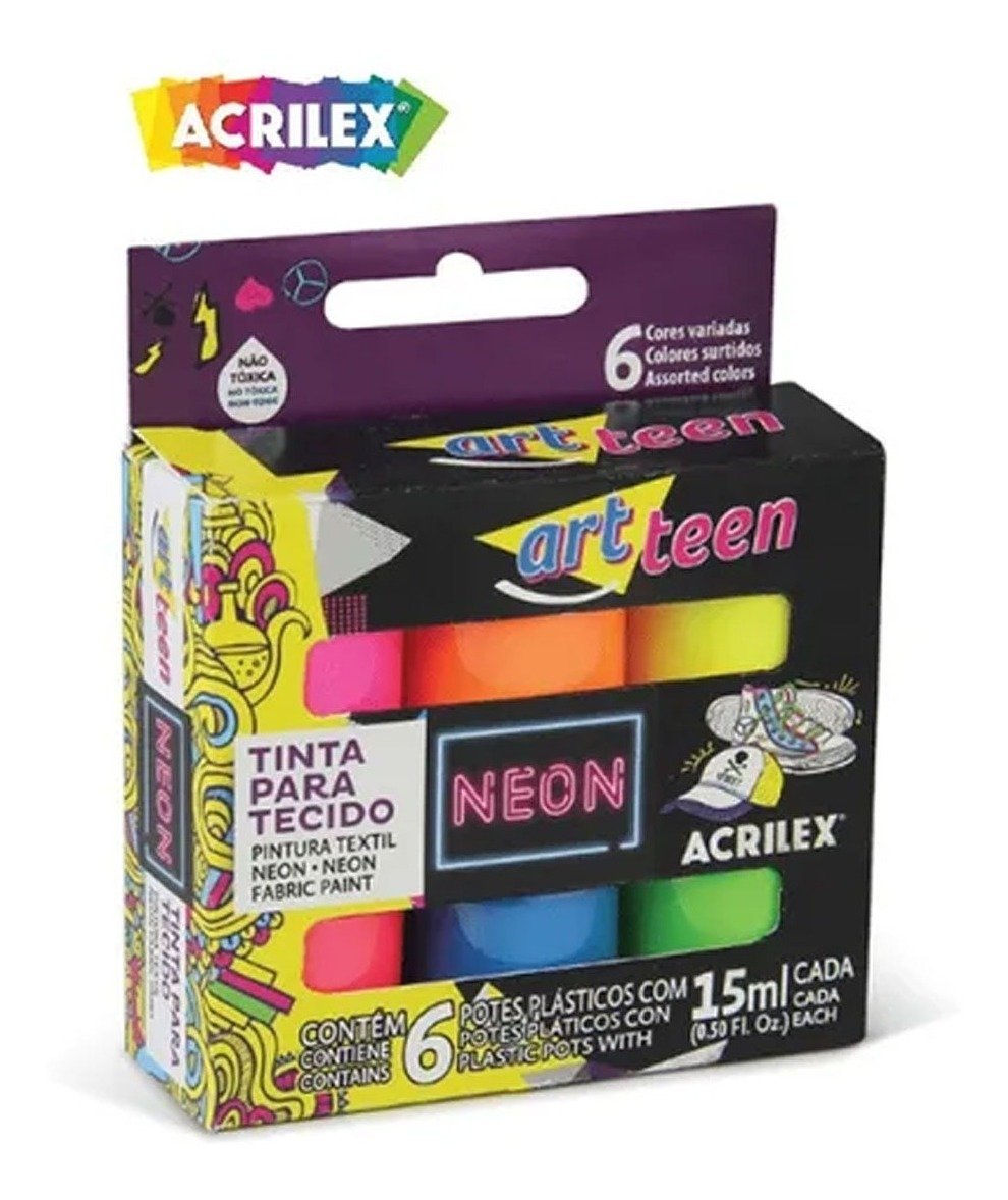 Tinta para Tecido Neon - 6 Potes de 15ml Acrilex - 040060000 - 4