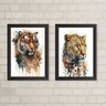 Kit 2 Quadros Decorativos Onça E Tigre Aquarela 24x18cm:Madeira preta - 2