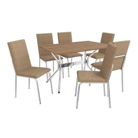 Conjunto: Mesa Sala Jantar Loire C/ Tampo de Madeira 1.60 Cm e 6 Cadeiras Amsterdã Cromada/nogueira
