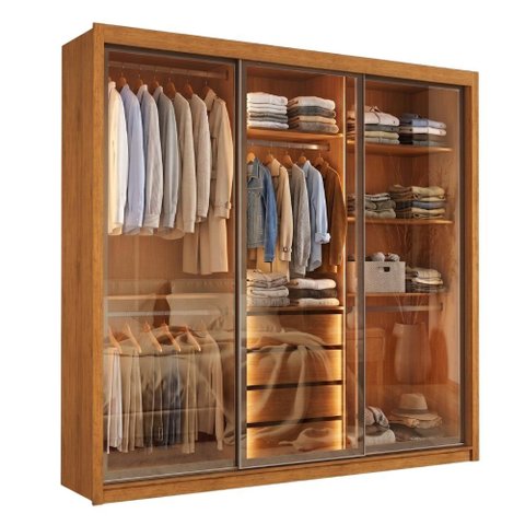 Guarda Roupas Casal 3 Portas de Correr Reflecta com LED 4 Gavetas Eva