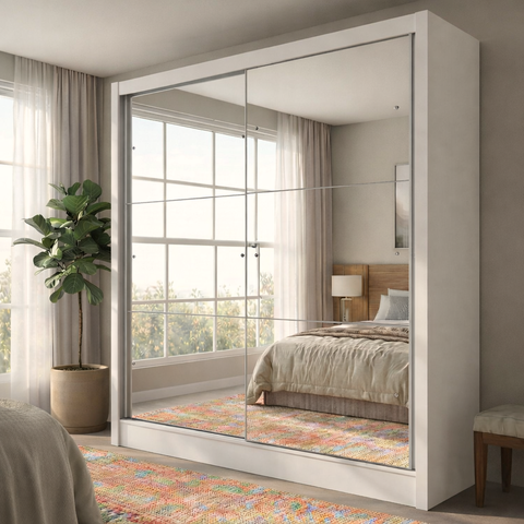 Guarda-Roupa Solteiro com Espelho 2 Portas de Correr 2 Gavetas Peônia Branco Yescasa