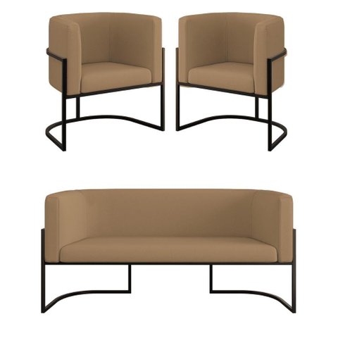Kit Sofá 2 Lugares + 2 Poltronas Recepção Veludo Preto Capuccino