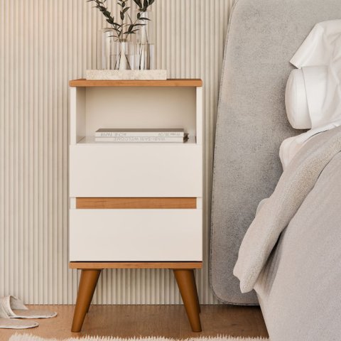 Mesa de Cabeceira Pop com 2 Gavetas com Pés Palito - Off White com Freijó