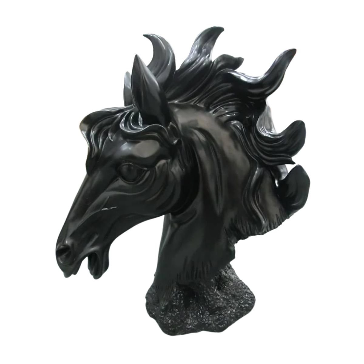 Escultura de cabeça de cavalo, em poliresina, cor preta