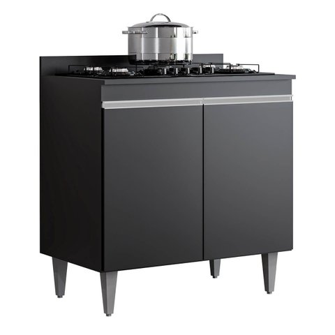 Balcão Armário Cooktop 80 Cm 2 Portas com Tampo Ellen Preto