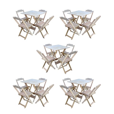 Kit 5 Conjuntos de Mesa Dobravel com 4 Cadeiras de Madeira 70x70 para Restaurante e Bar - sem Pintur