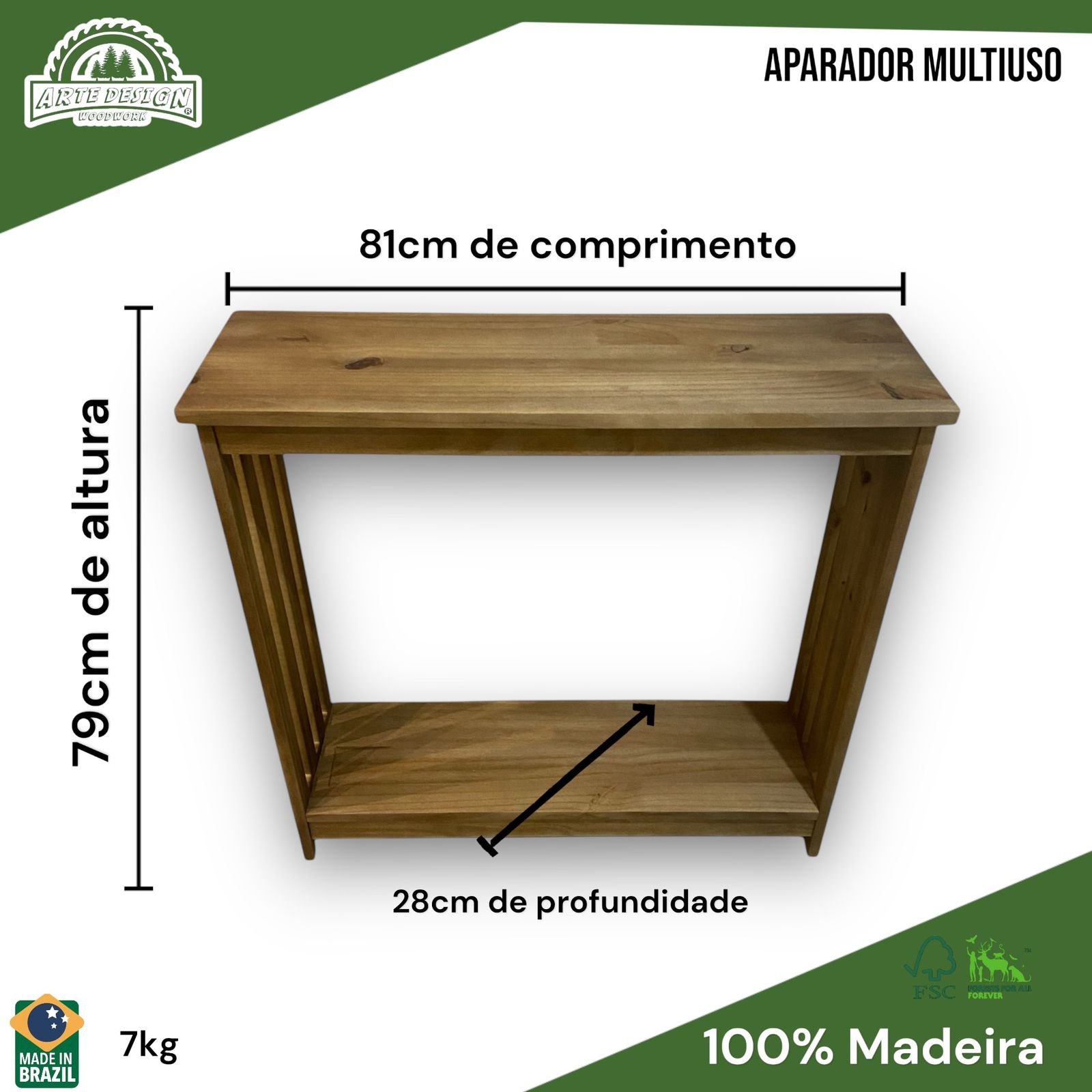 Aparador Slim Multiuso Balcão Buffet Castanho 100% Madeira para Sala Jantar Hall de Entrada - 2