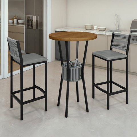 Conjunto Bistrô Mesa Redonda 2 Banquetas Madeira Maciça Ripada Porta-Gelo Prata/Freijó/Preto